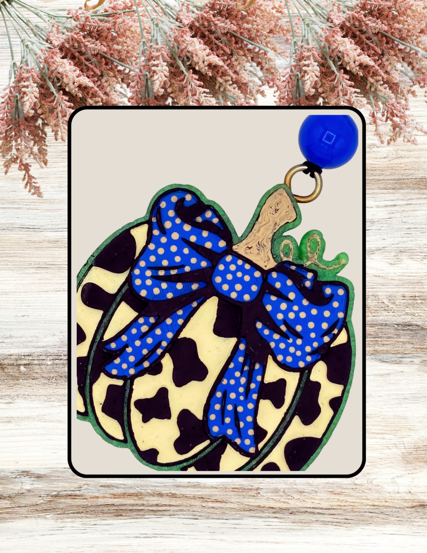 Freshie Cow Print Pumpkin with Bow Blue Dot