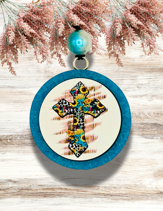 Freshie Round Cowhide Sunflower Cross