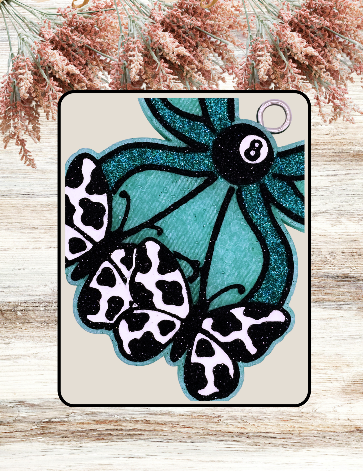 Freshie Cowprint Butterfly Cherries With Eight Ball Teal Black