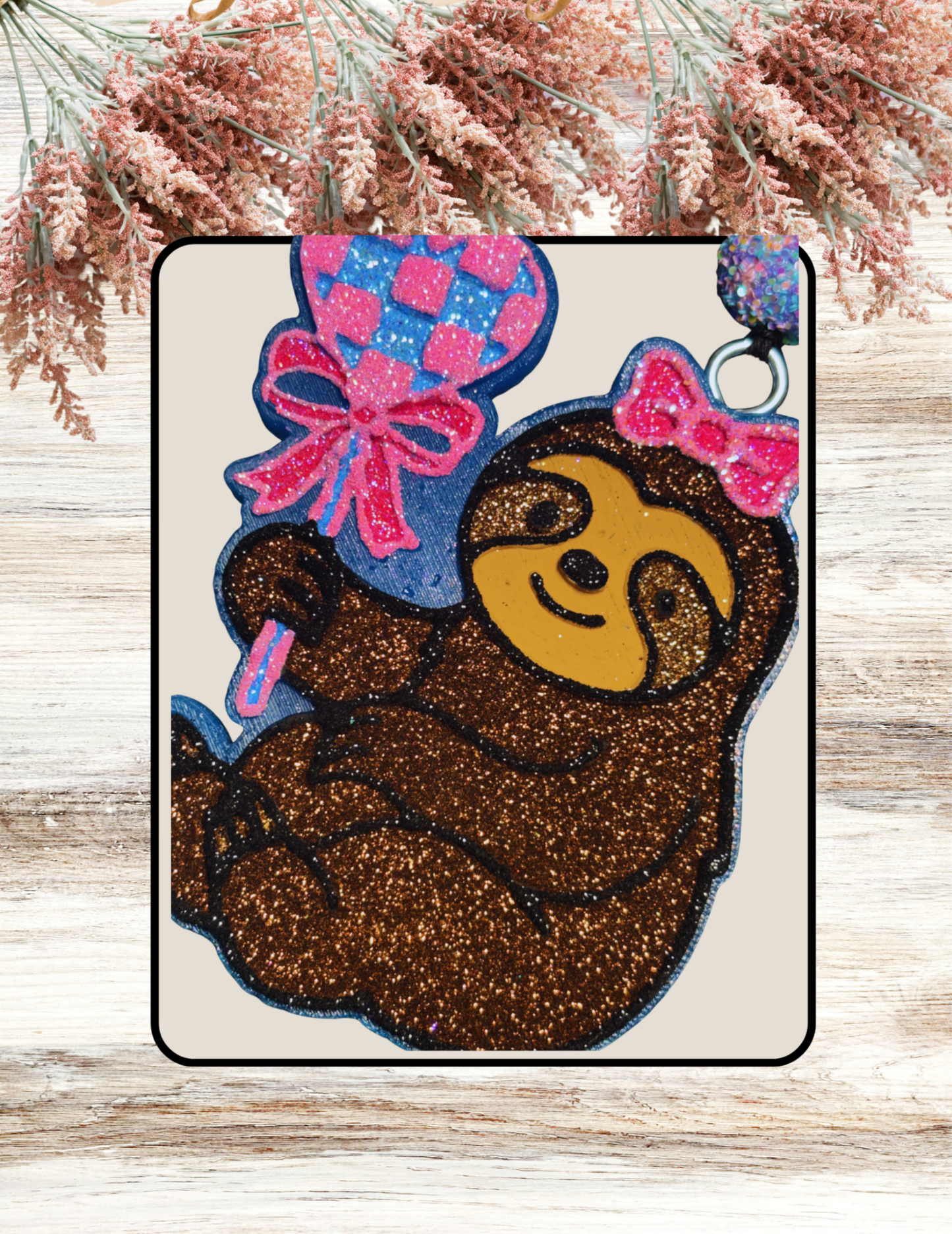 Freshie Sloth with Checkered Heart Blue Pink