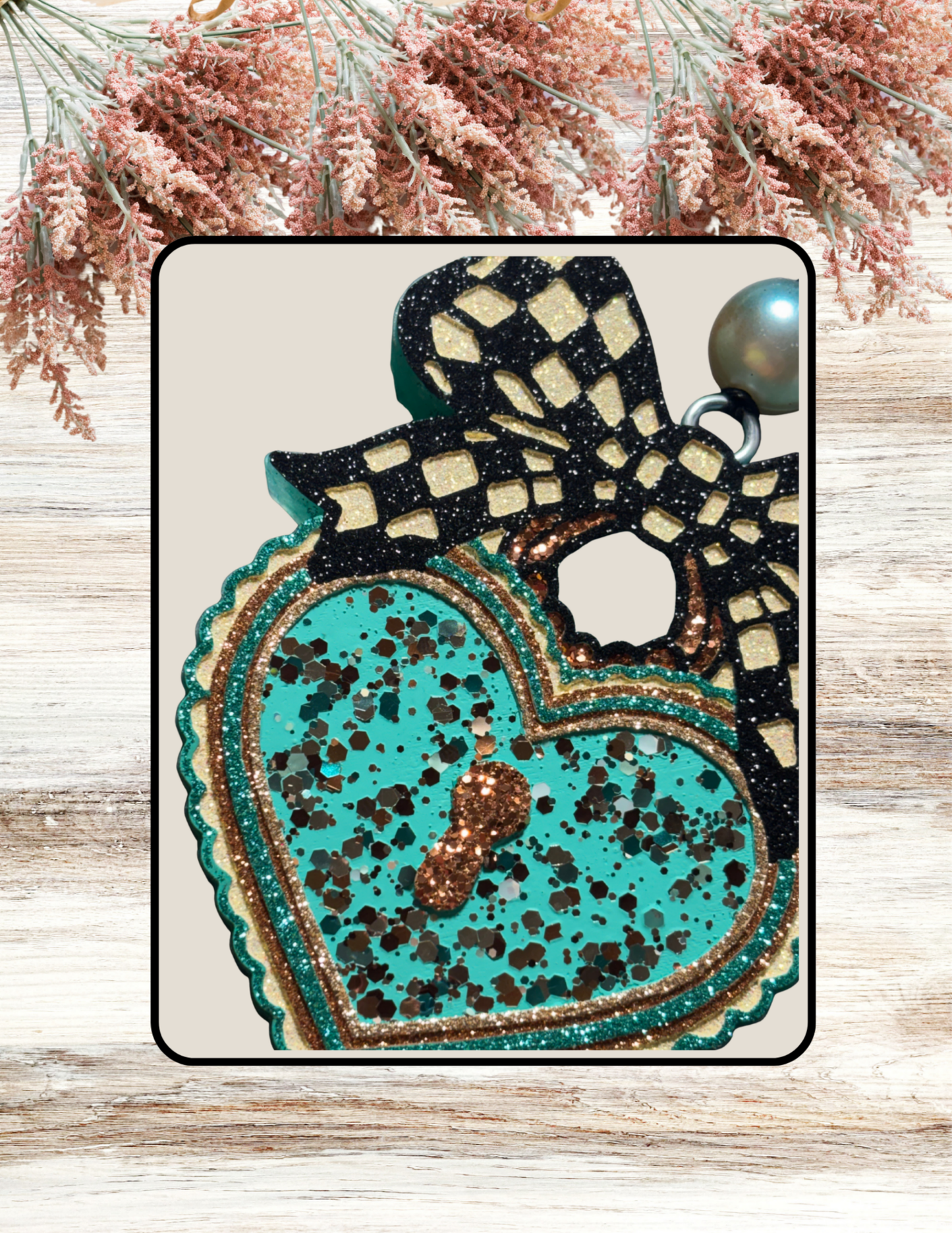 Freshie Locket with Checkered Bow Turquoise Black