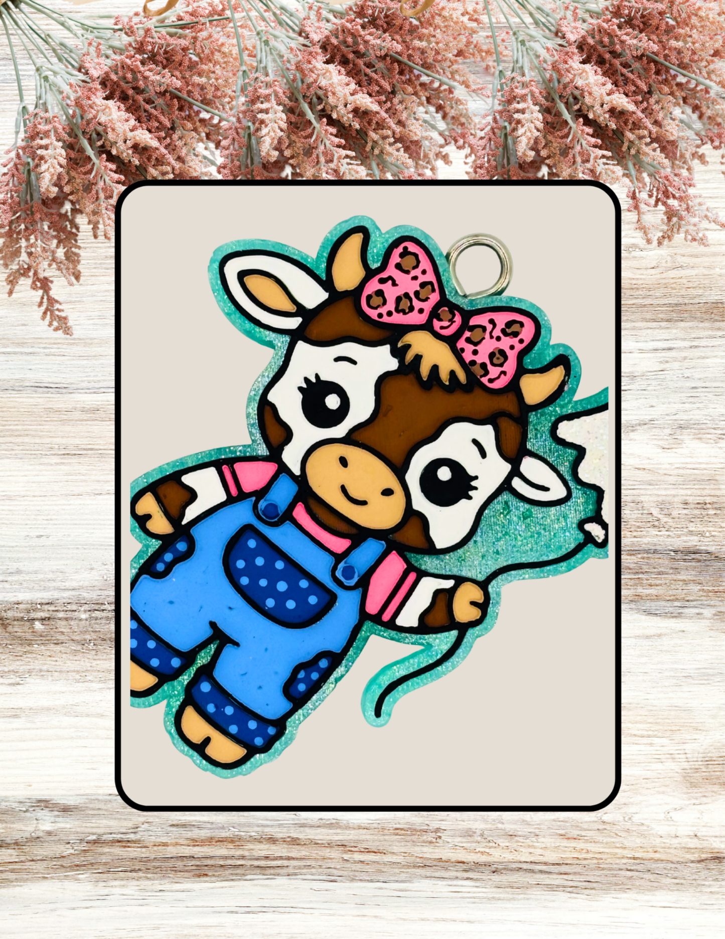 Freshie Cow in Overalls with Ghost Balloon Blue Pink