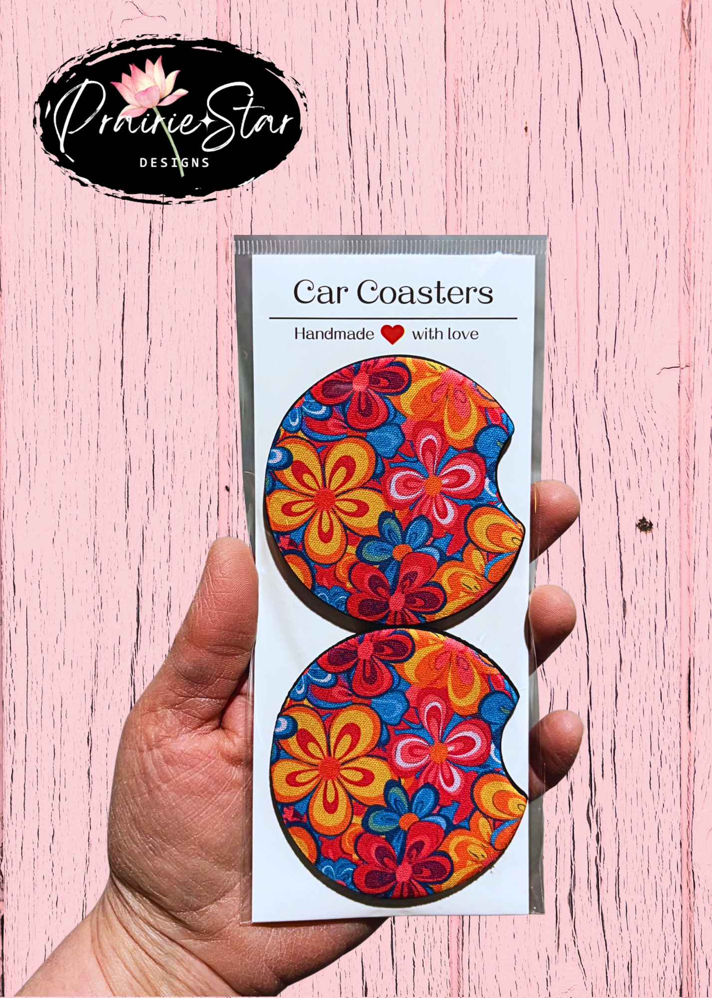 Car Coaster Retro Floral Yellow Pink