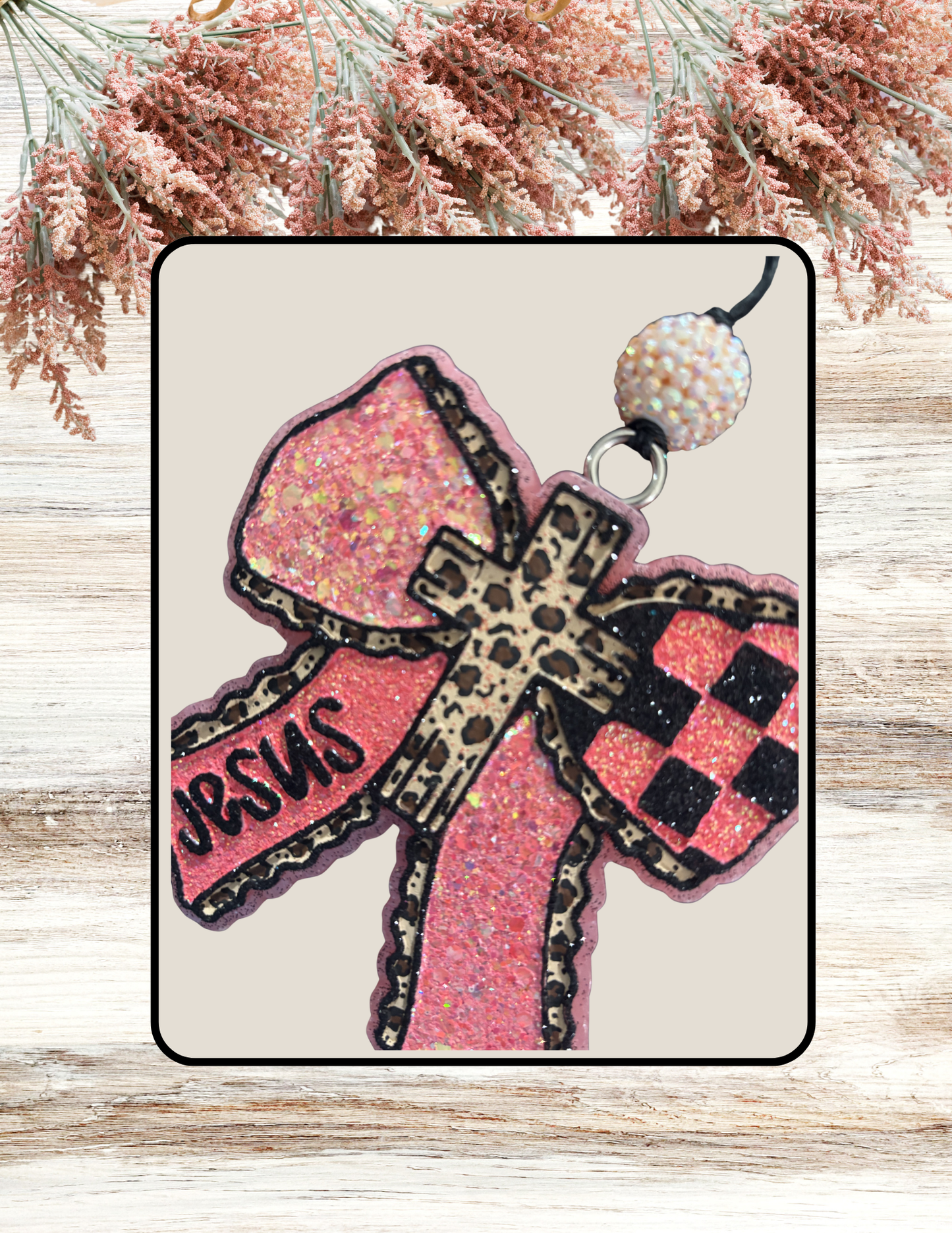 Freshie Checkered Bow Jesus Leopard Cross Coral Black