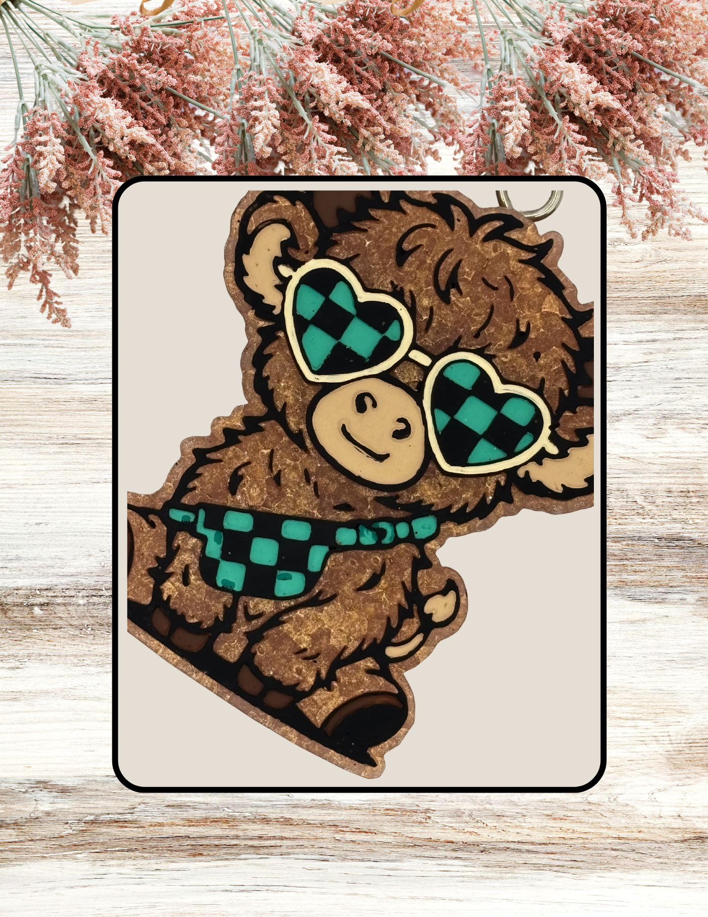 Freshie Boujee Highland Cow With Checkered Sunglasses Teal Black