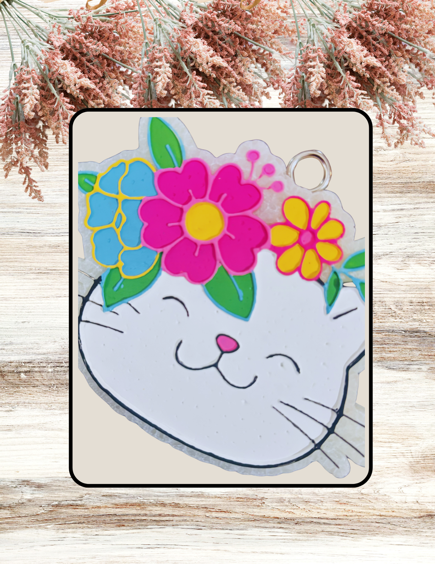 Freshie Cat With Flowers White Pink Blue