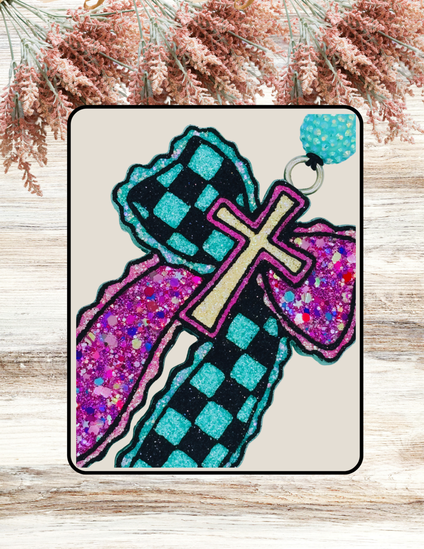 Freshie Cross Checkered Bow Teal Purple