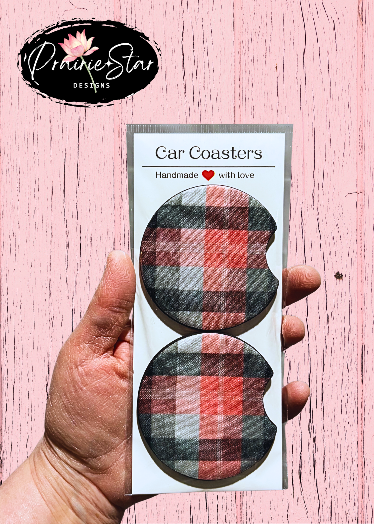 Car Coaster Pink Black Plaid