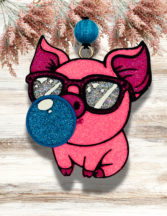 Freshie Pig Blowing Turquoise Bubble and Sunglasses