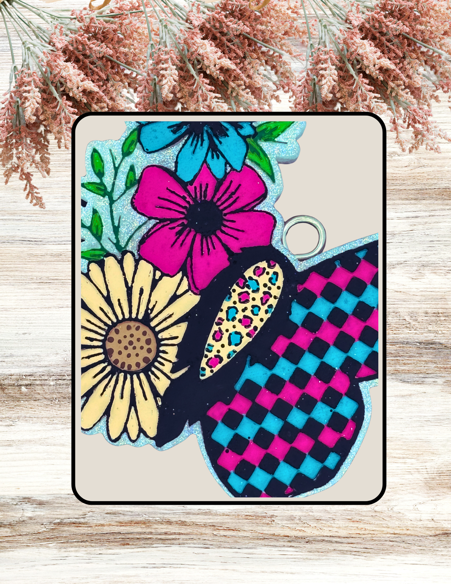 Freshie Floral Checkered Butterfly Pink Teal Black