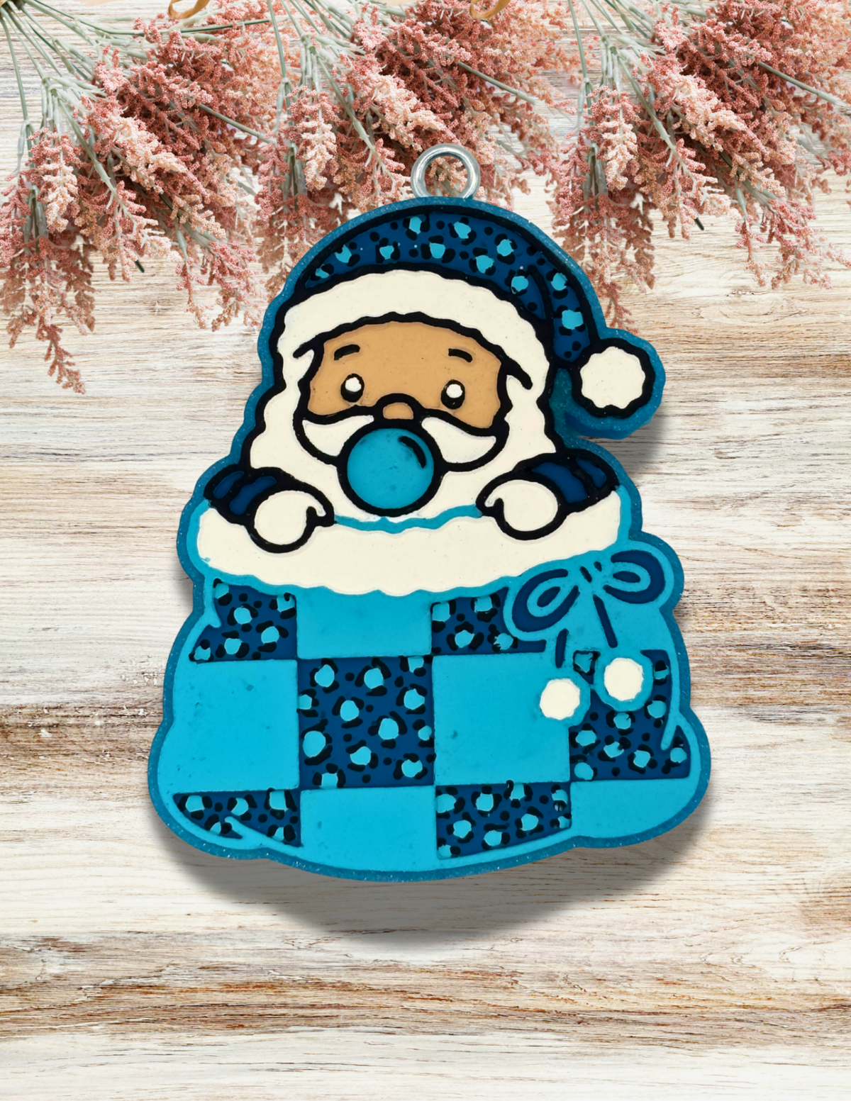 Freshie Santa in Leopard Checkered Sack Turquoise