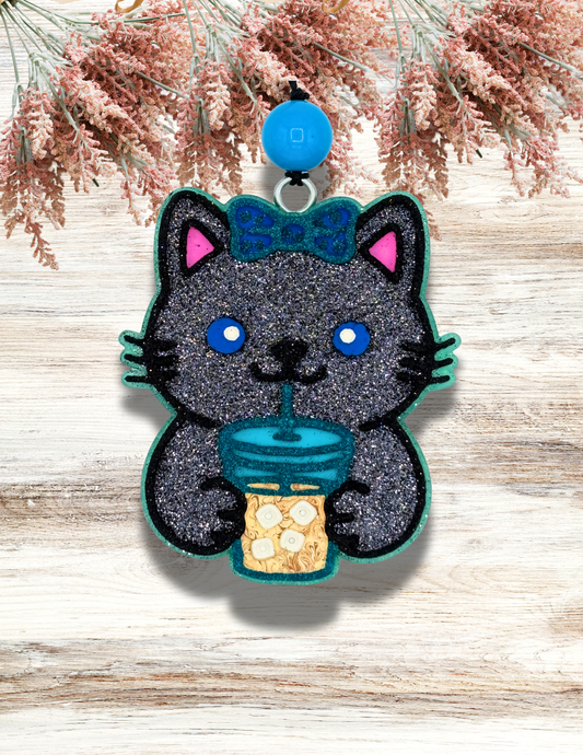 Freshie Cat with Iced Drink Gray Teal