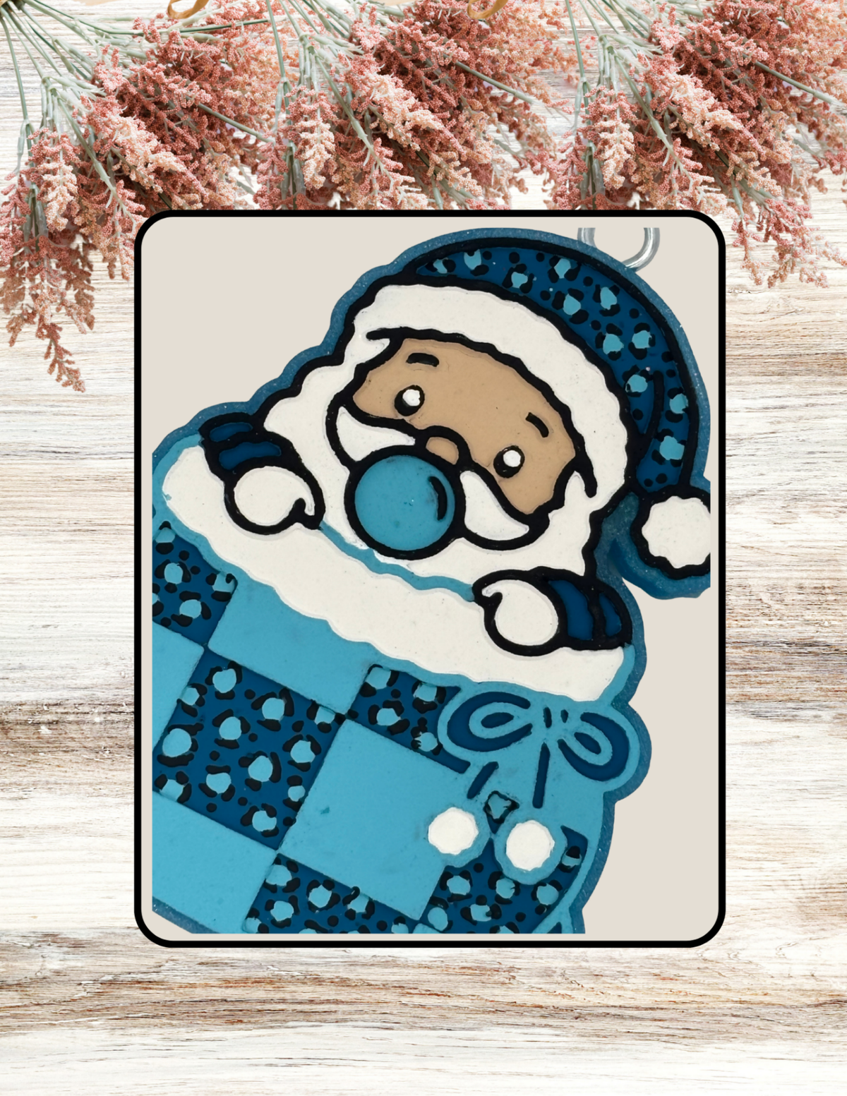 Freshie Santa in Leopard Checkered Sack Turquoise