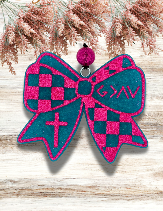 Freshie God Is Greater Check Bow Pink Teal