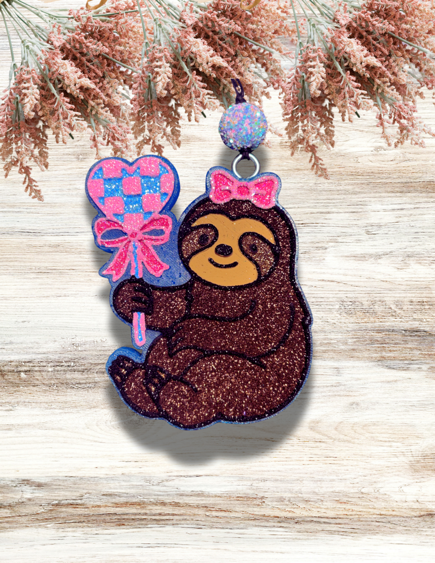 Freshie Sloth with Checkered Heart Blue Pink