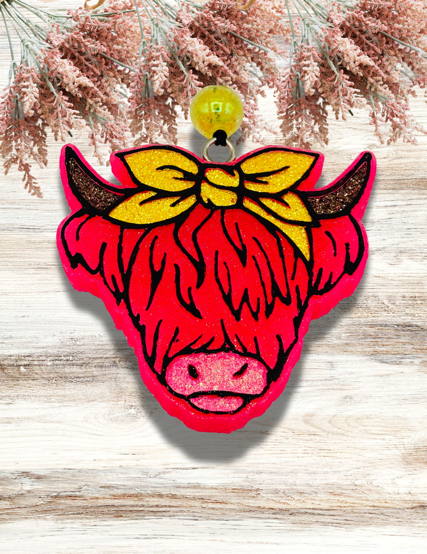 Freshie Highland Cow Bow Hot Pink & Yellow