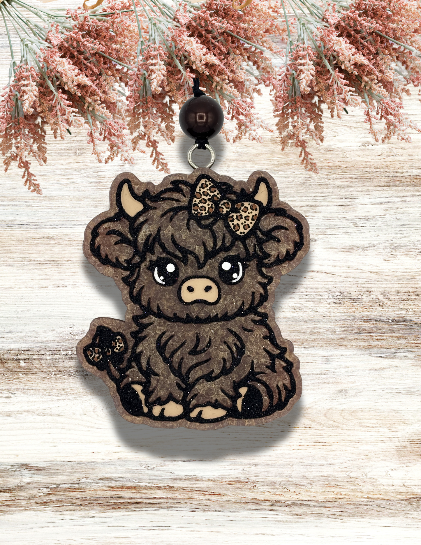 Freshie Highland Cow with Leopard Bow Tan
