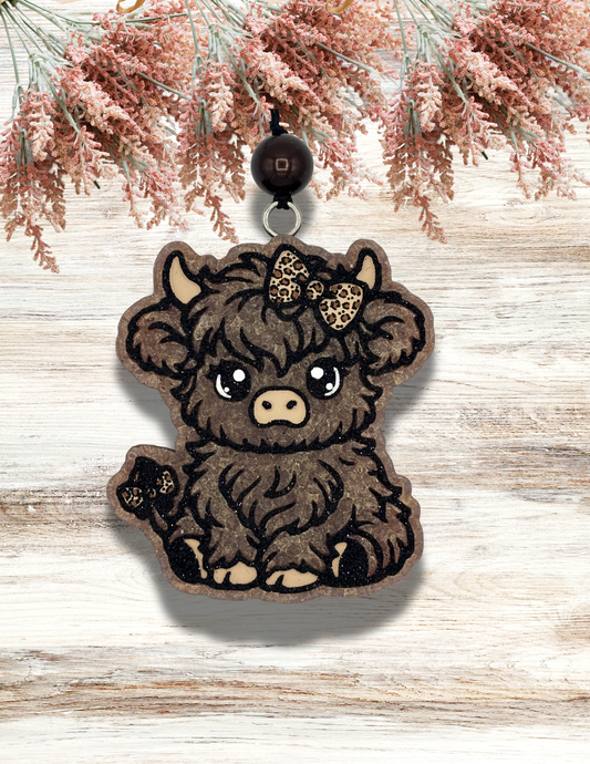 Freshie Highland Cow with Leopard Bow Tan