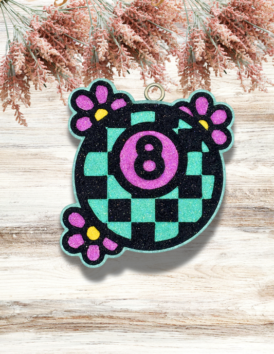 Freshie Checkered Eight Ball With Flowers Teal Black Magenta