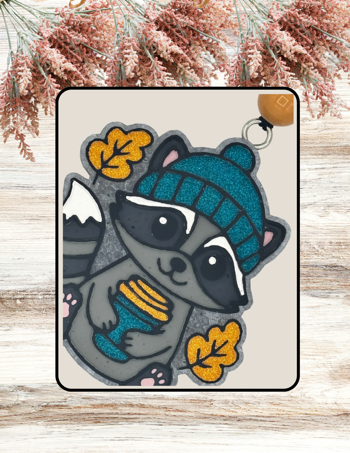 Freshie Raccoon Latte Leaves Teal Gold