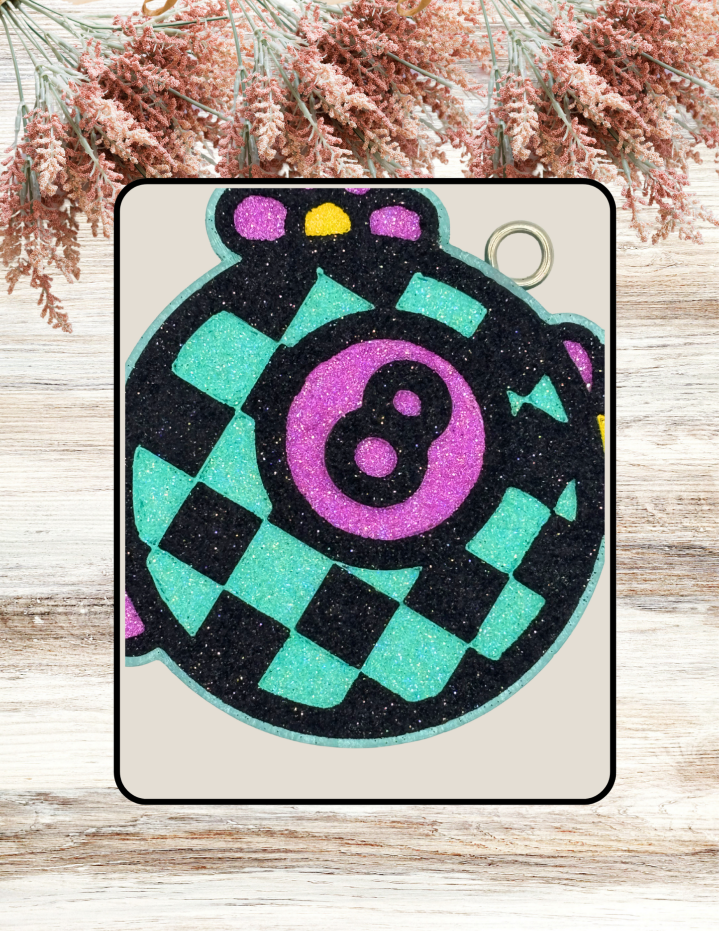 Freshie Checkered Eight Ball With Flowers Teal Black Magenta