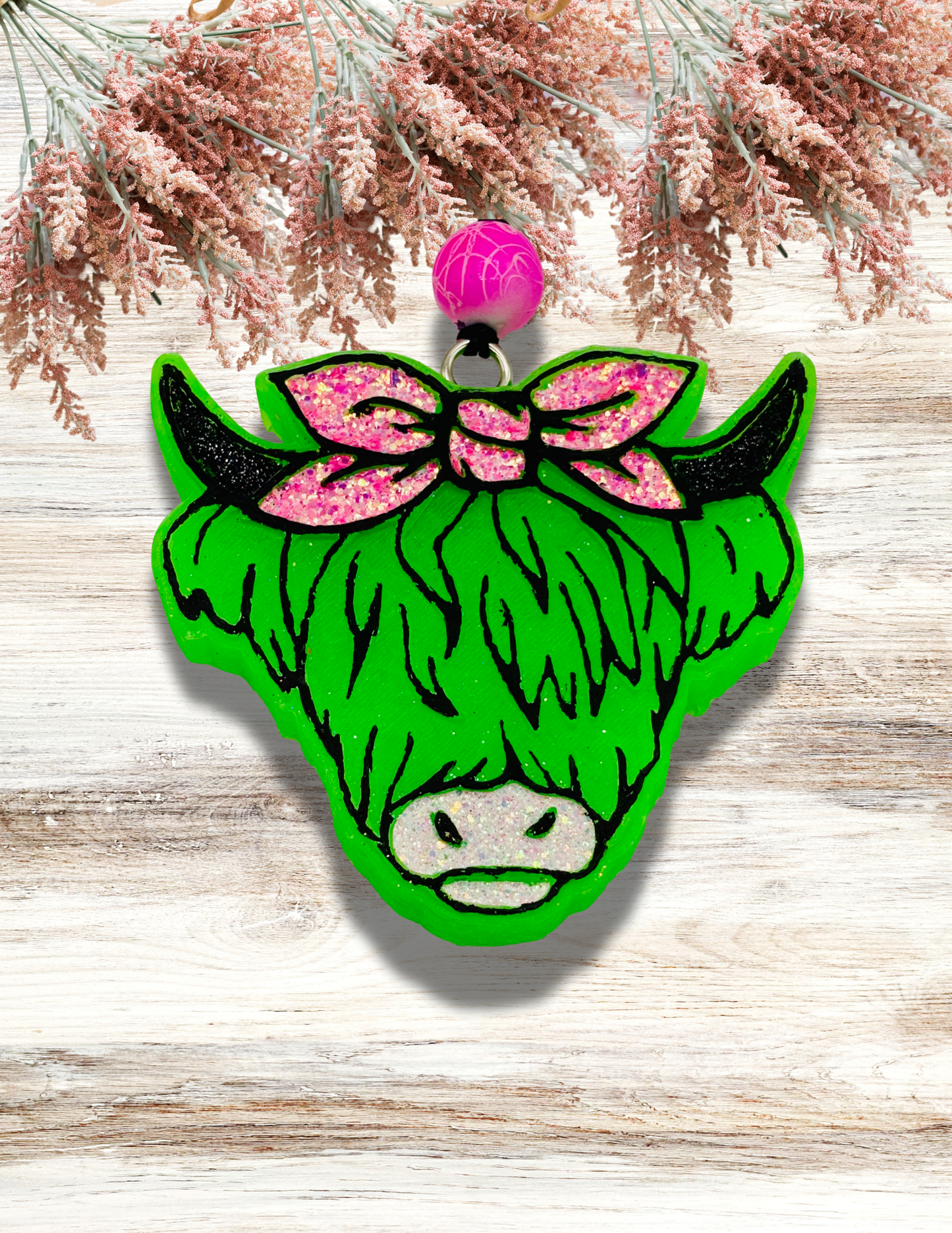 Freshie Highland Cow Bow Neon Green & Pink