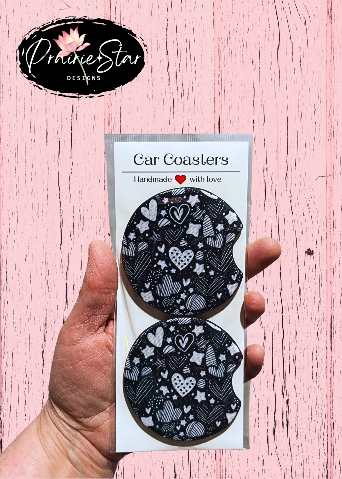 Car Coaster Heart Print Black White