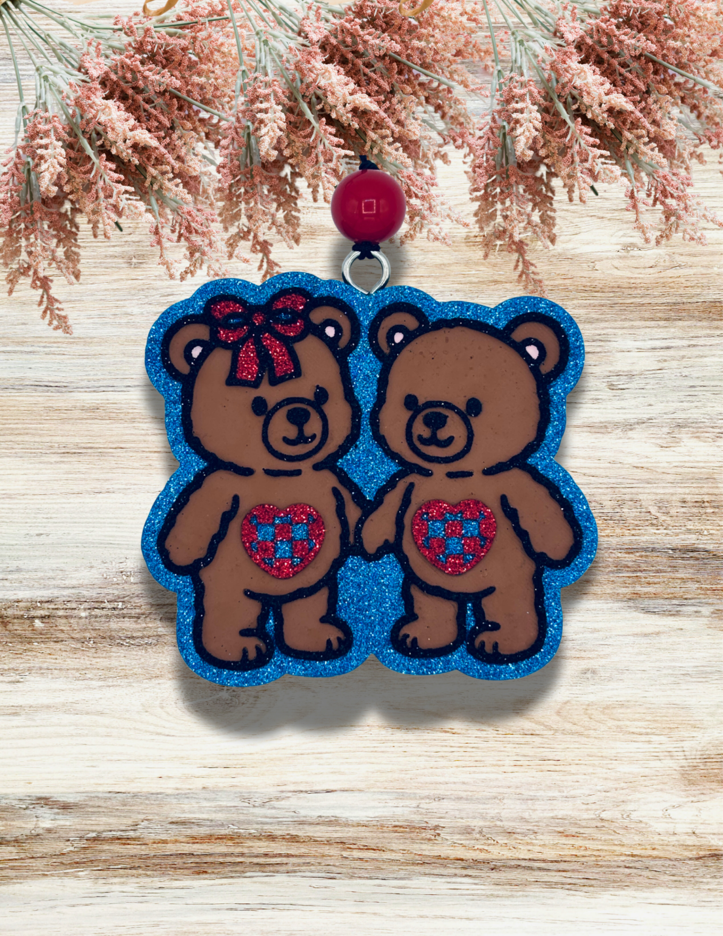 Freshie Bear Couple Checkered Hearts Blue Red