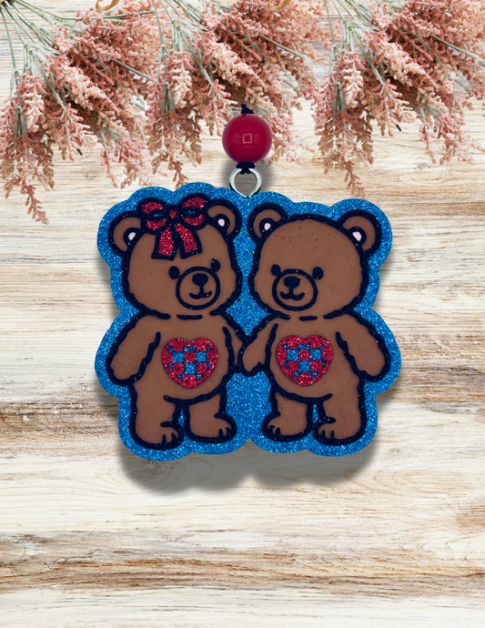 Freshie Bear Couple Checkered Hearts Blue Red