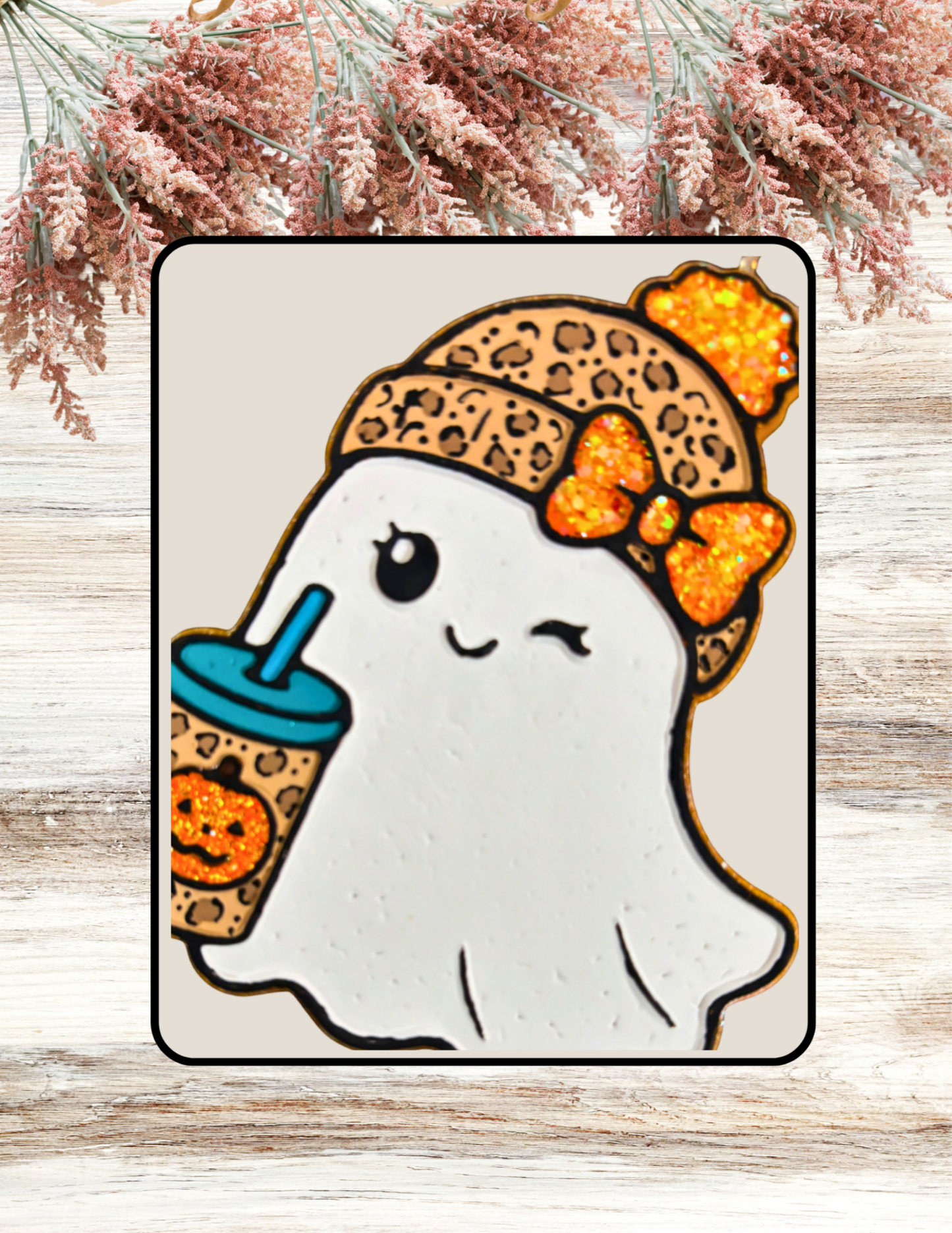 Freshie Winking Ghost with Hat and Drink Leopard Orange