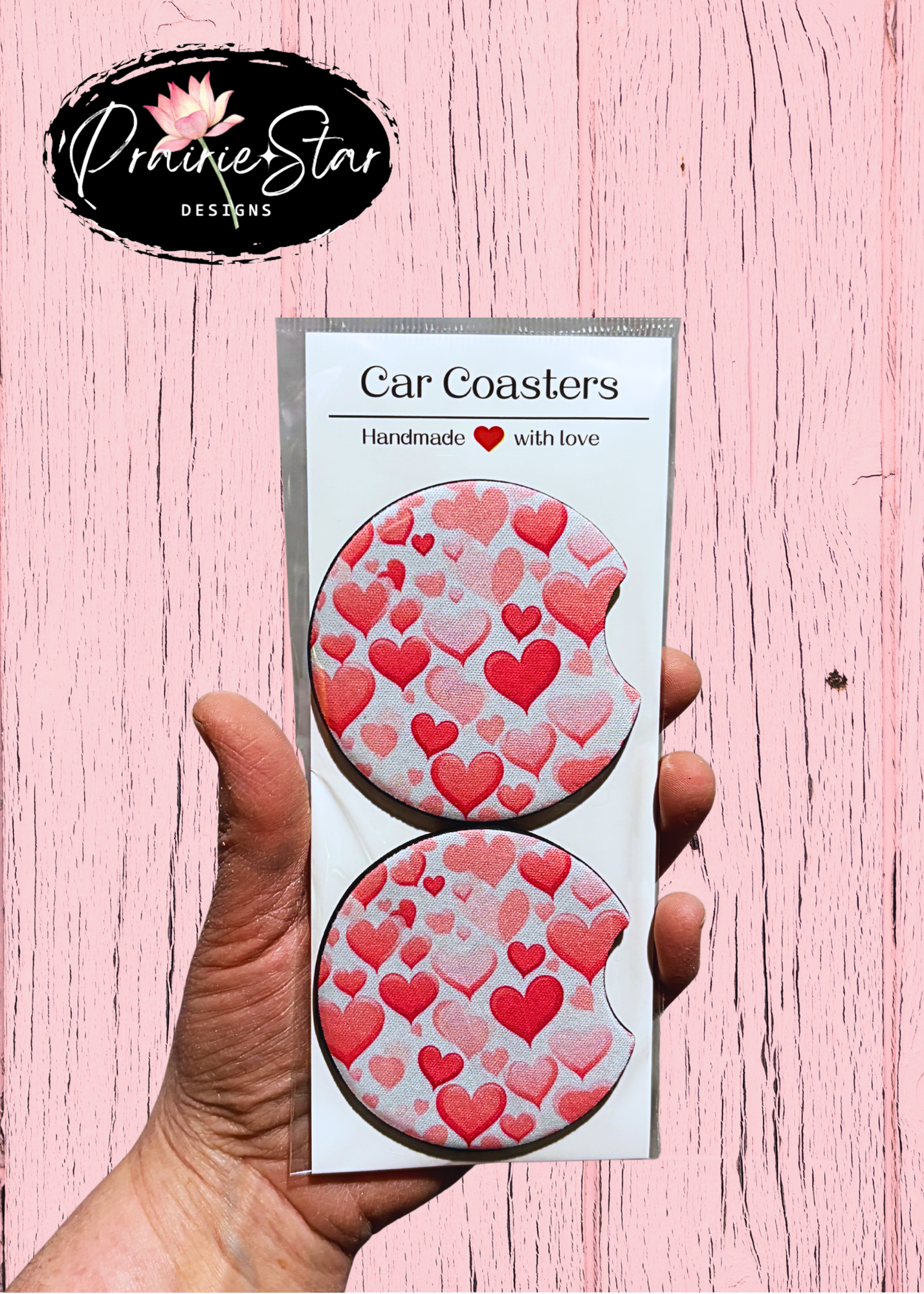Car Coaster Heart Print Pink White