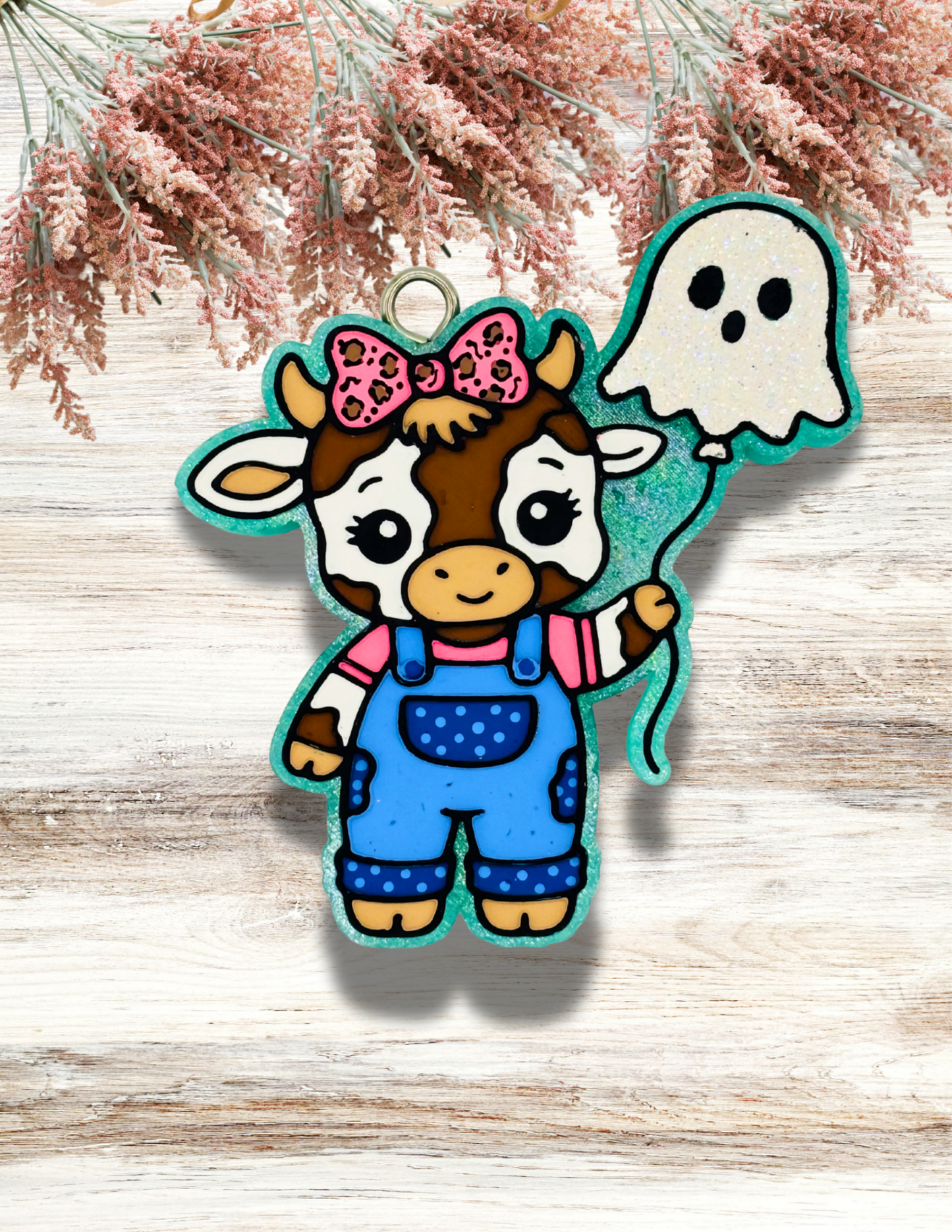 Freshie Cow in Overalls with Ghost Balloon Blue Pink