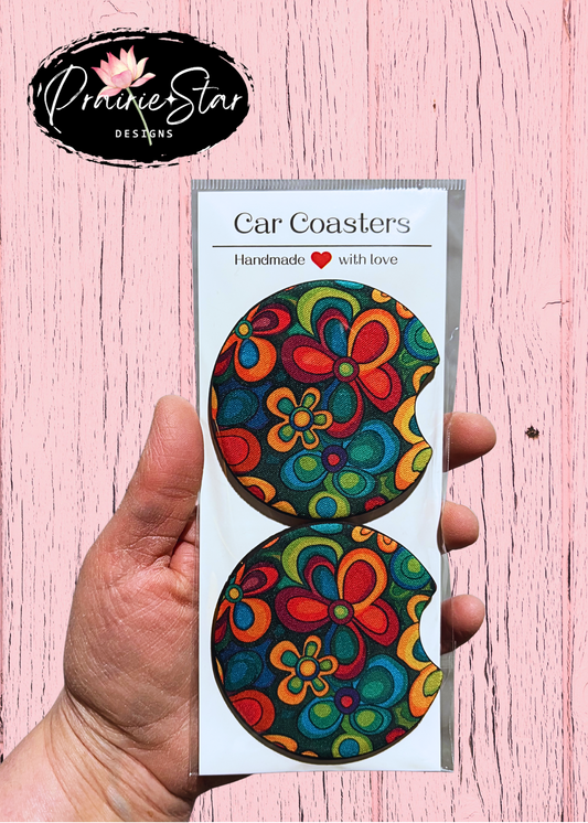 Car Coaster Retro Floral Teal Magenta