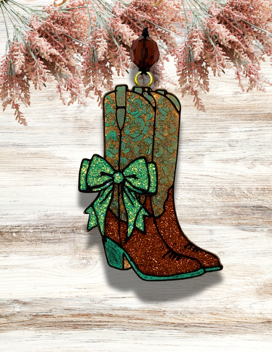 Freshie Floral Cowgirl Boots Bow Teal Rust
