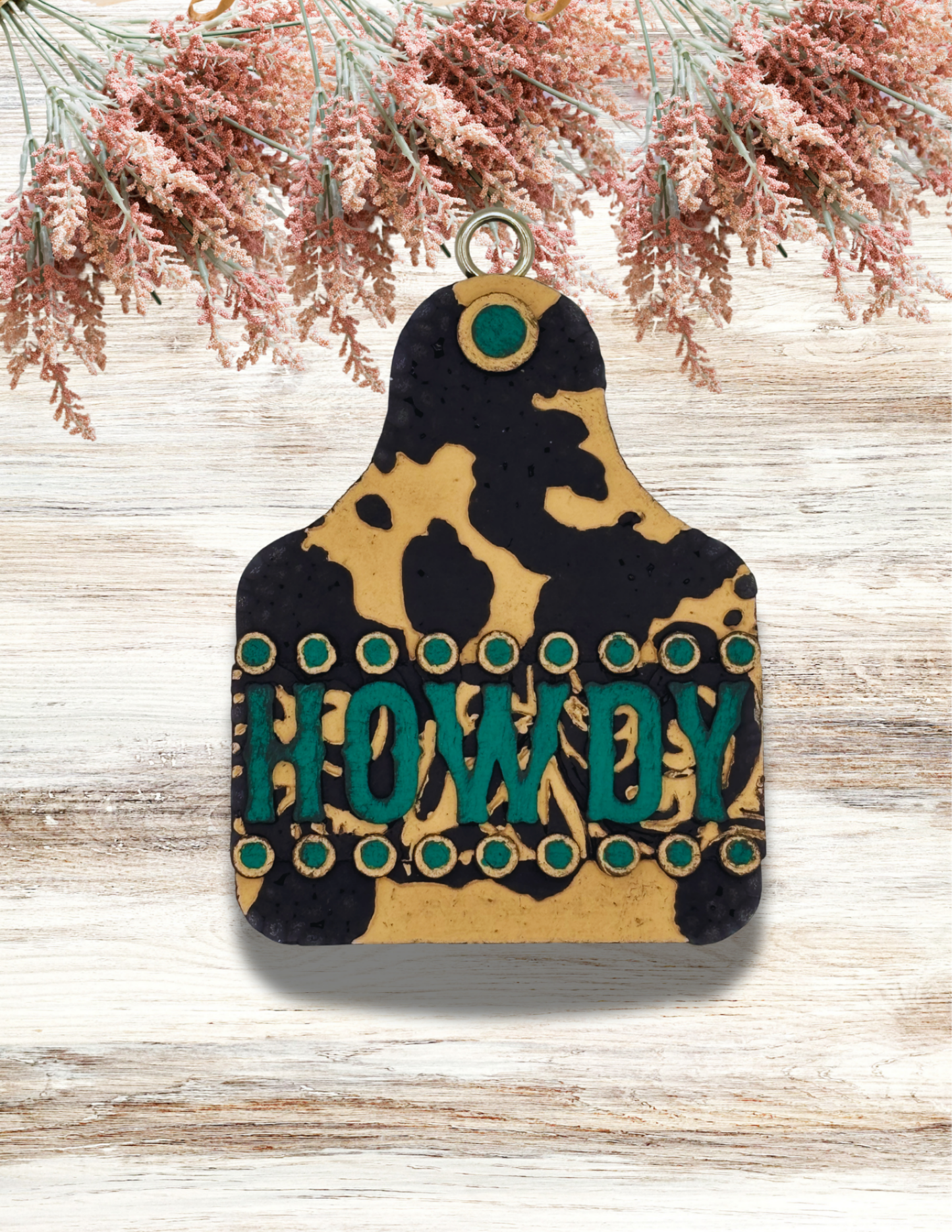 Freshie Cow Print Howdy Cow Tag Black Tan Teal