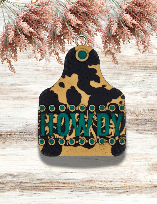 Freshie Cow Print Howdy Cow Tag Black Tan Teal