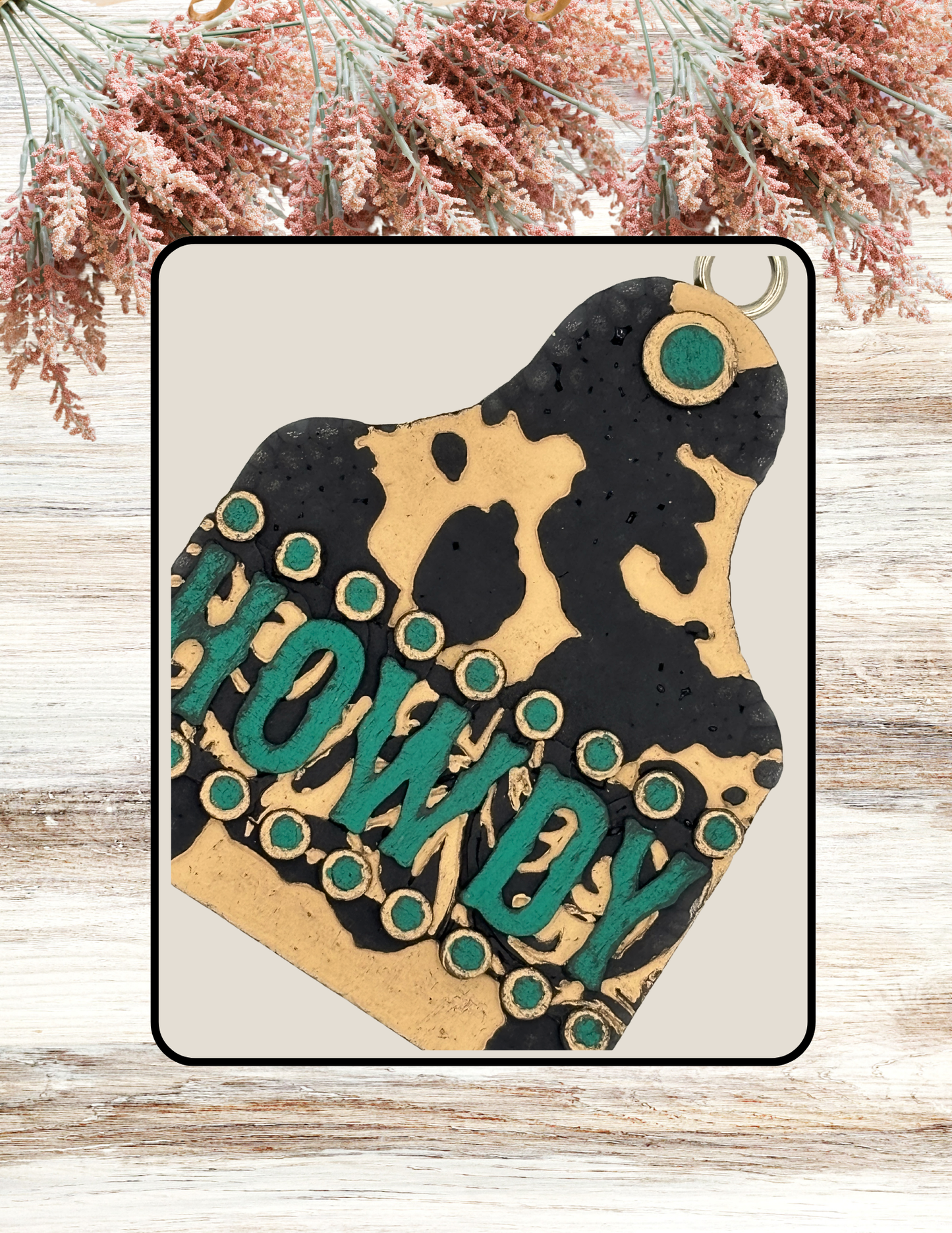 Freshie Cow Print Howdy Cow Tag Black Tan Teal