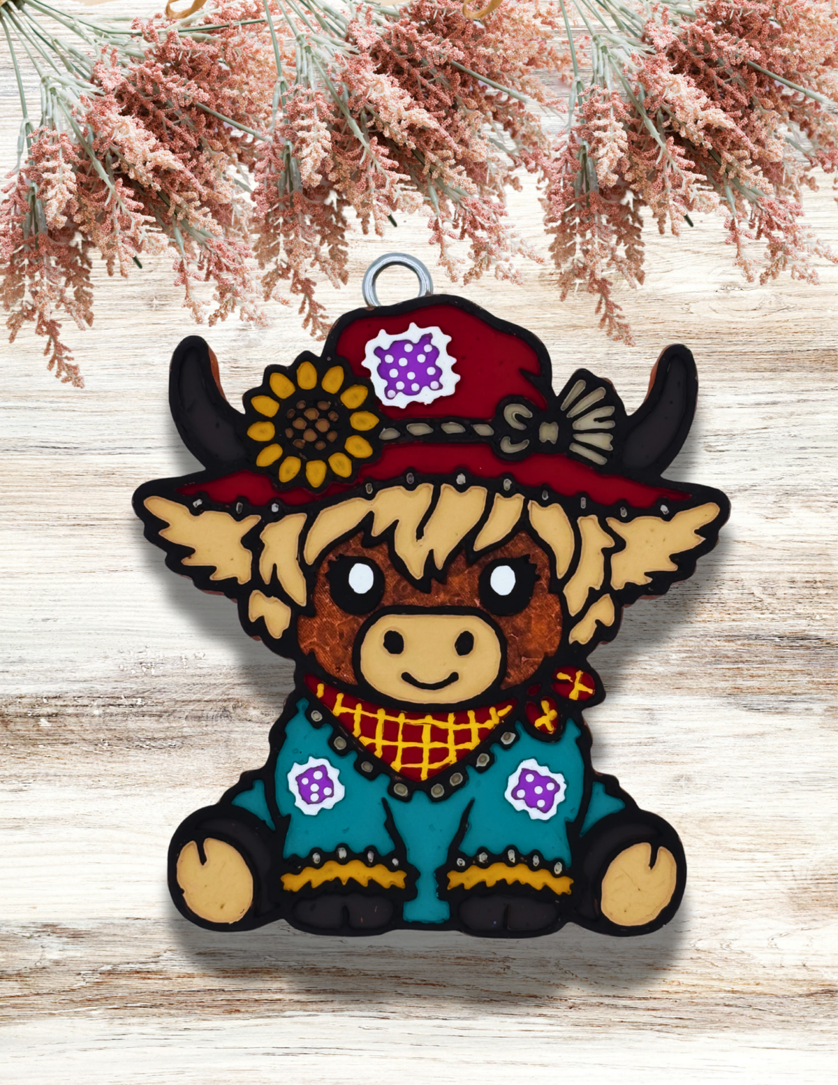 Freshie Highland Cow Scarecrow Teal Red