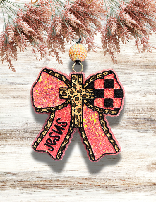 Freshie Checkered Bow Jesus Leopard Cross Coral Black