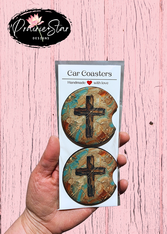 Car Coaster Textured Rustic Cross