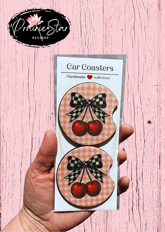 Car Coaster Coquette Cherries Pink Checkered