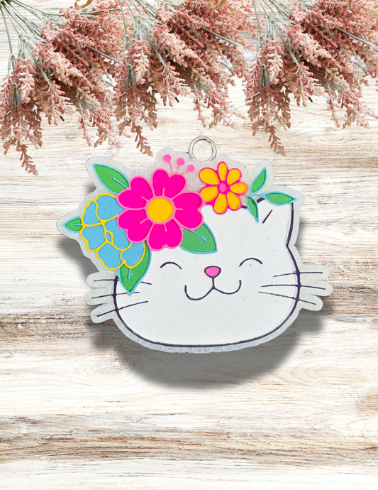 Freshie Cat With Flowers White Pink Blue