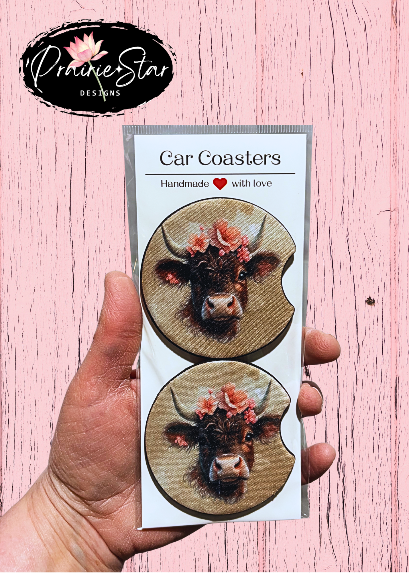 Car Coaster Floral Cow Coral