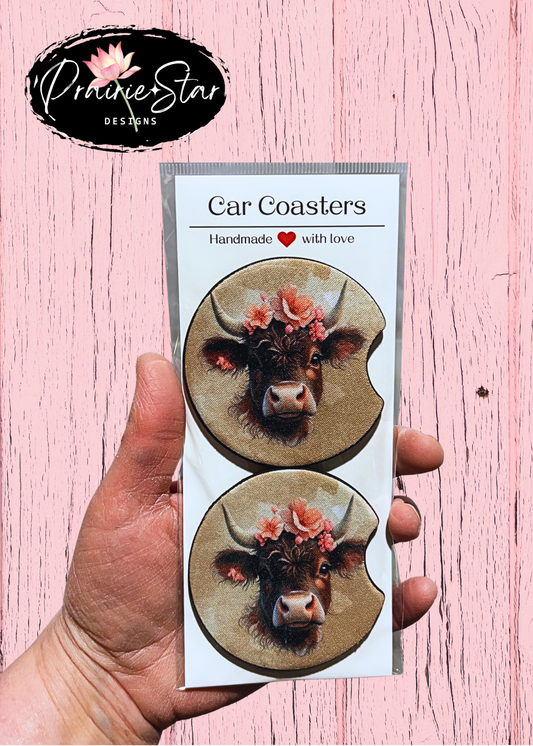 Car Coaster Floral Cow Coral