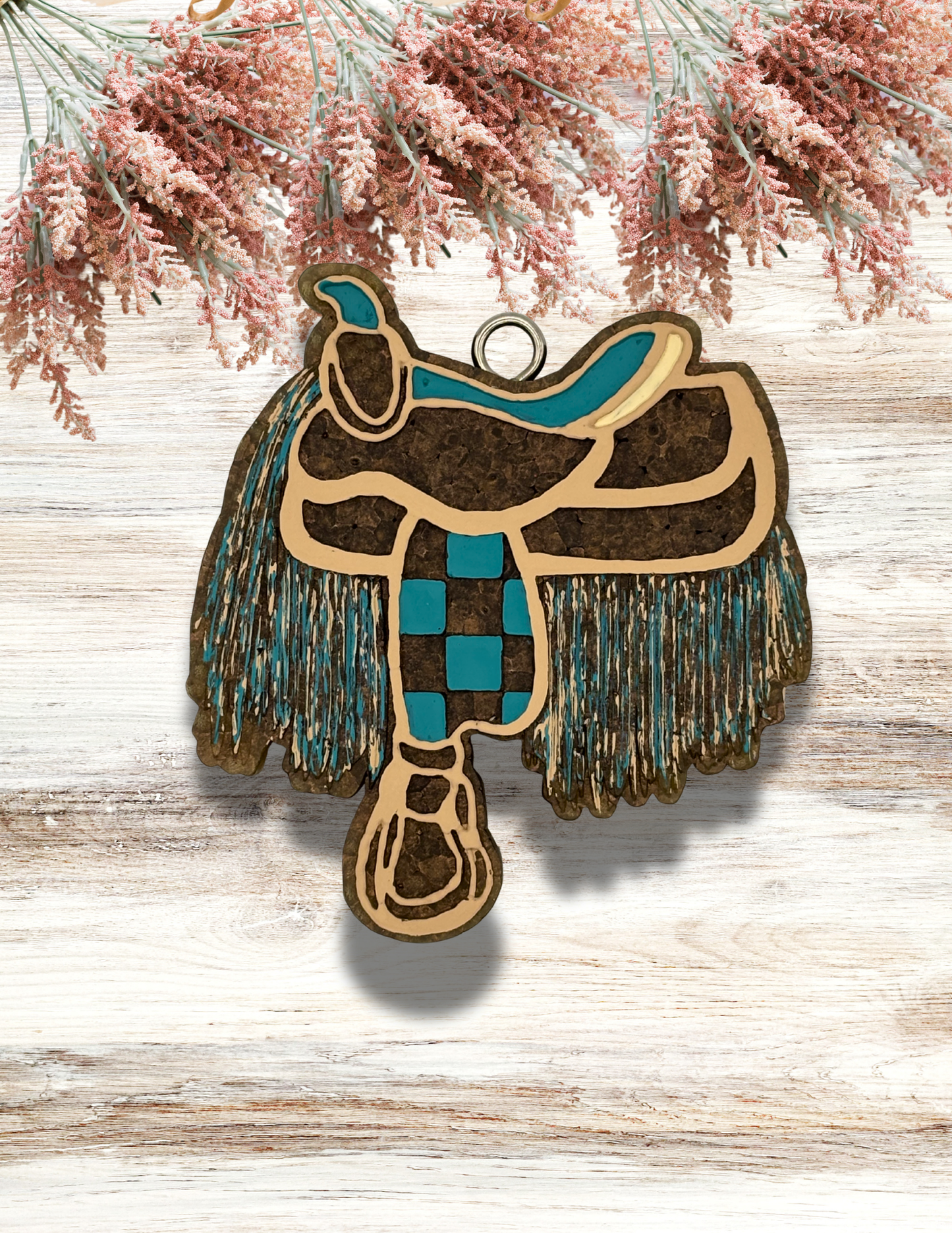 Freshie Checkered Saddle With Fringe Tan Teal