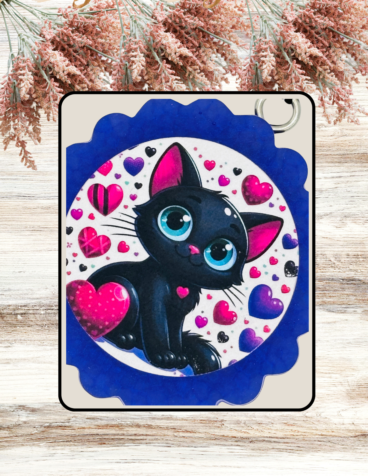 Freshie Round Black Cat Pink Hearts