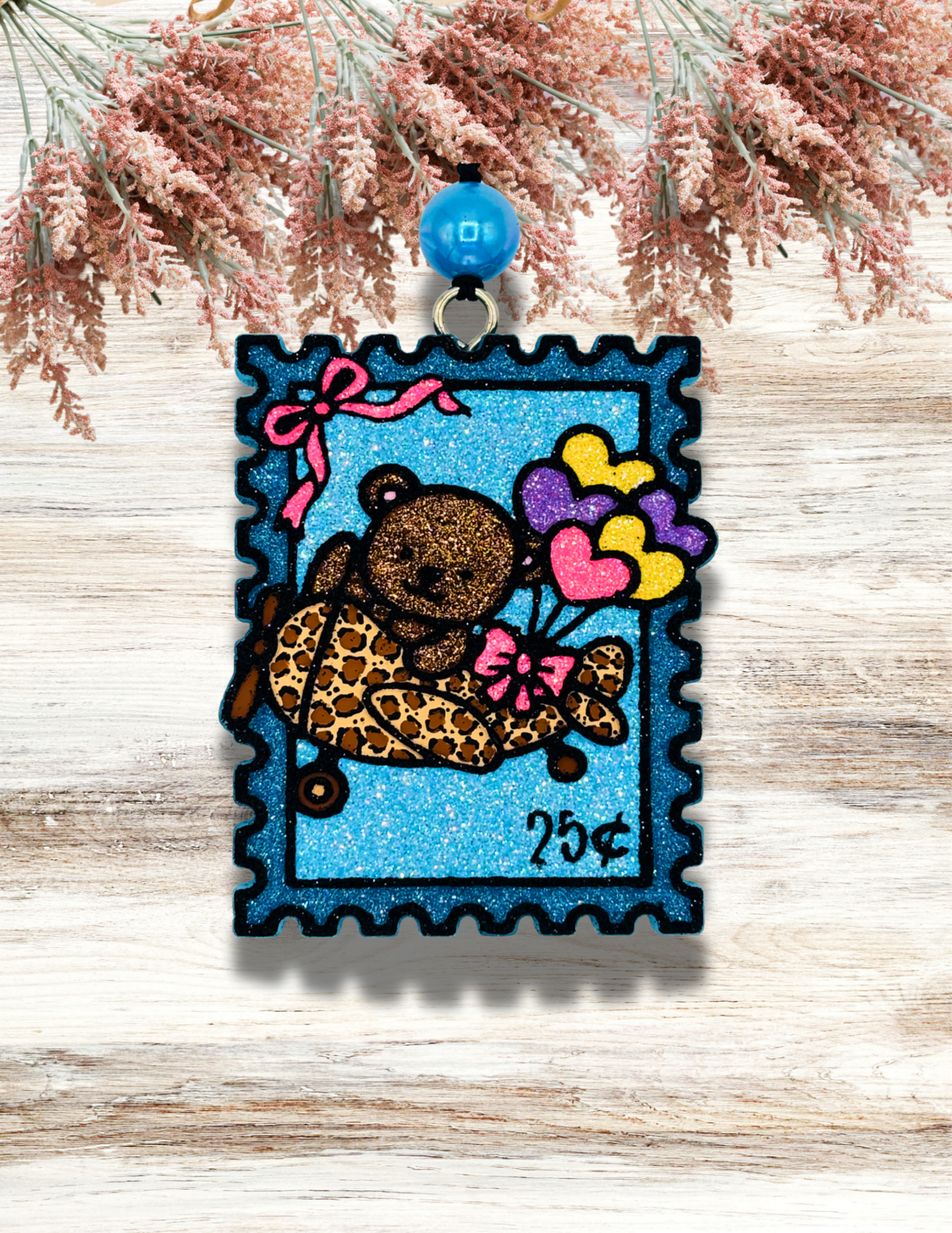 Freshie Bear in Leopard Plane Stamp with Heart Balloons Blue