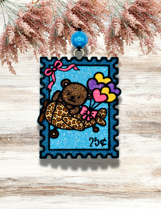 Freshie Bear in Leopard Plane Stamp with Heart Balloons Blue