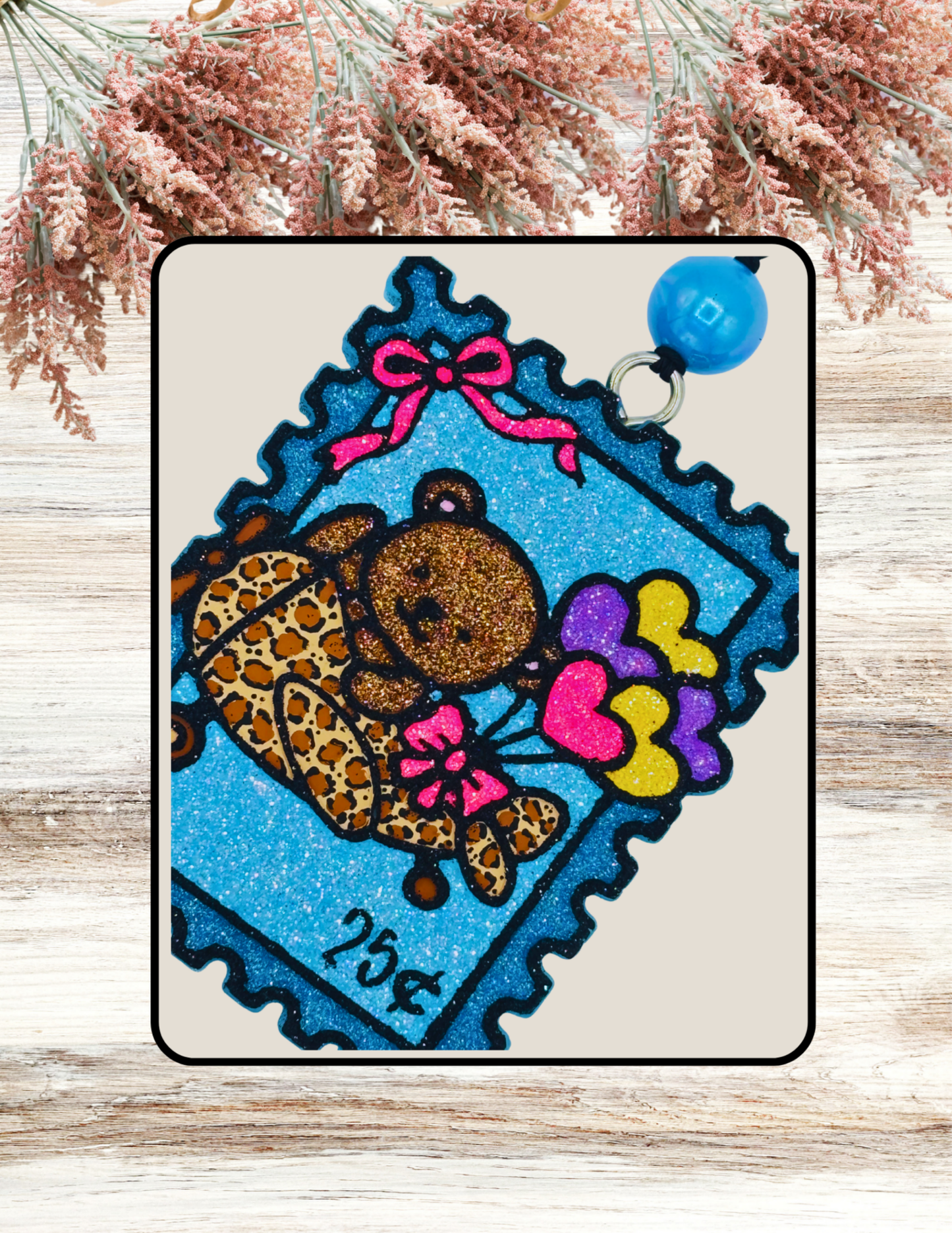 Freshie Bear in Leopard Plane Stamp with Heart Balloons Blue