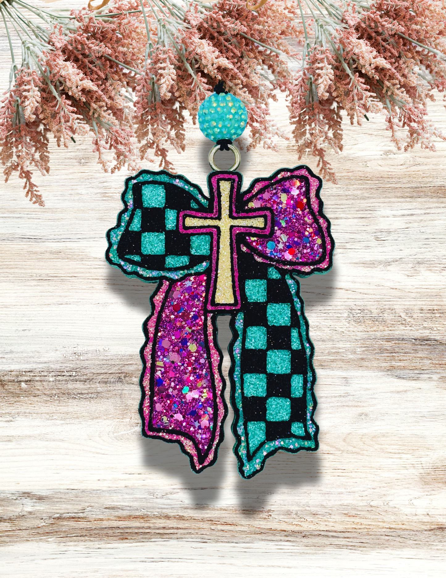 Freshie Cross Checkered Bow Teal Purple